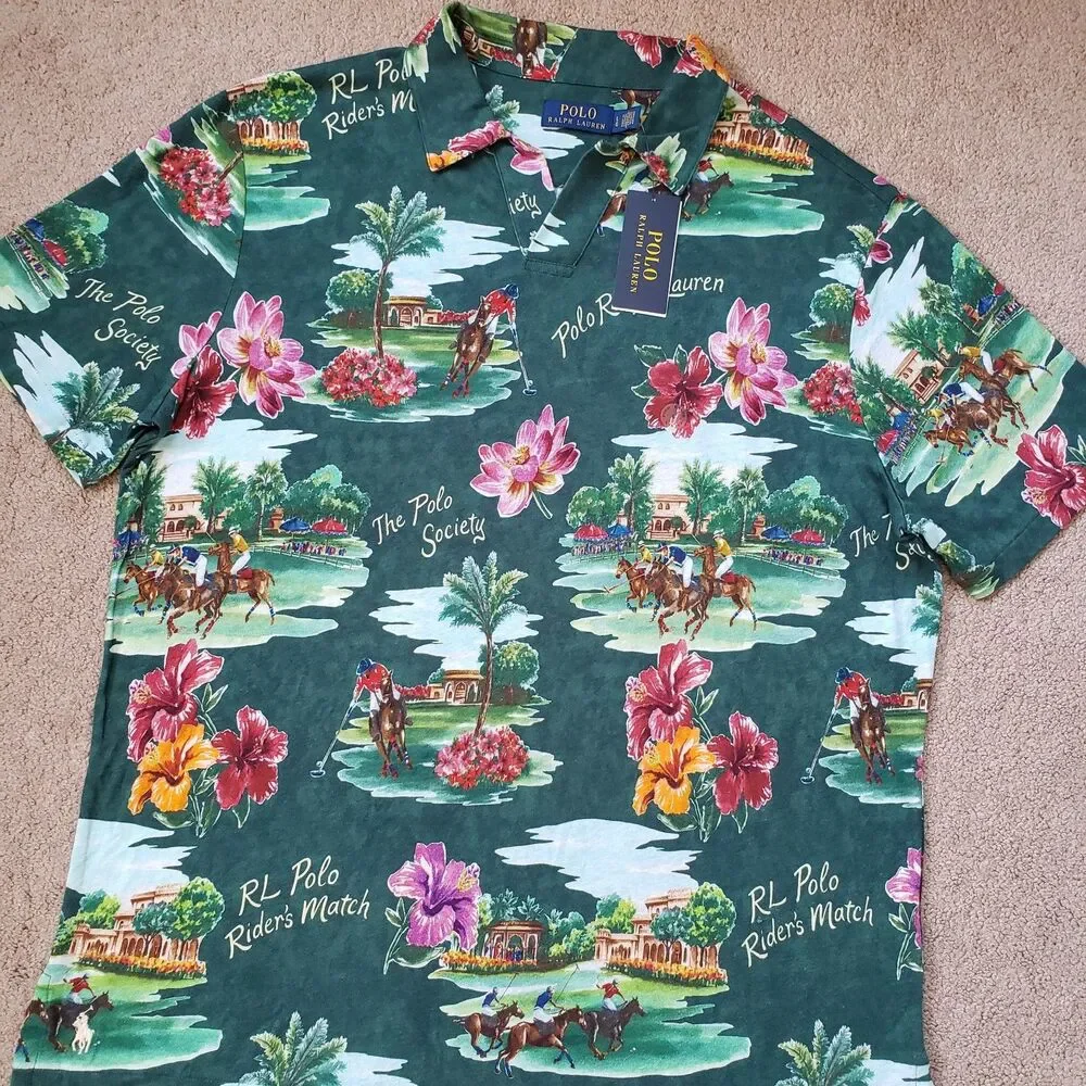 NWT Polo Ralph Lauren Floral Paradise Player Large Linen Blend Mens Polo Shirt